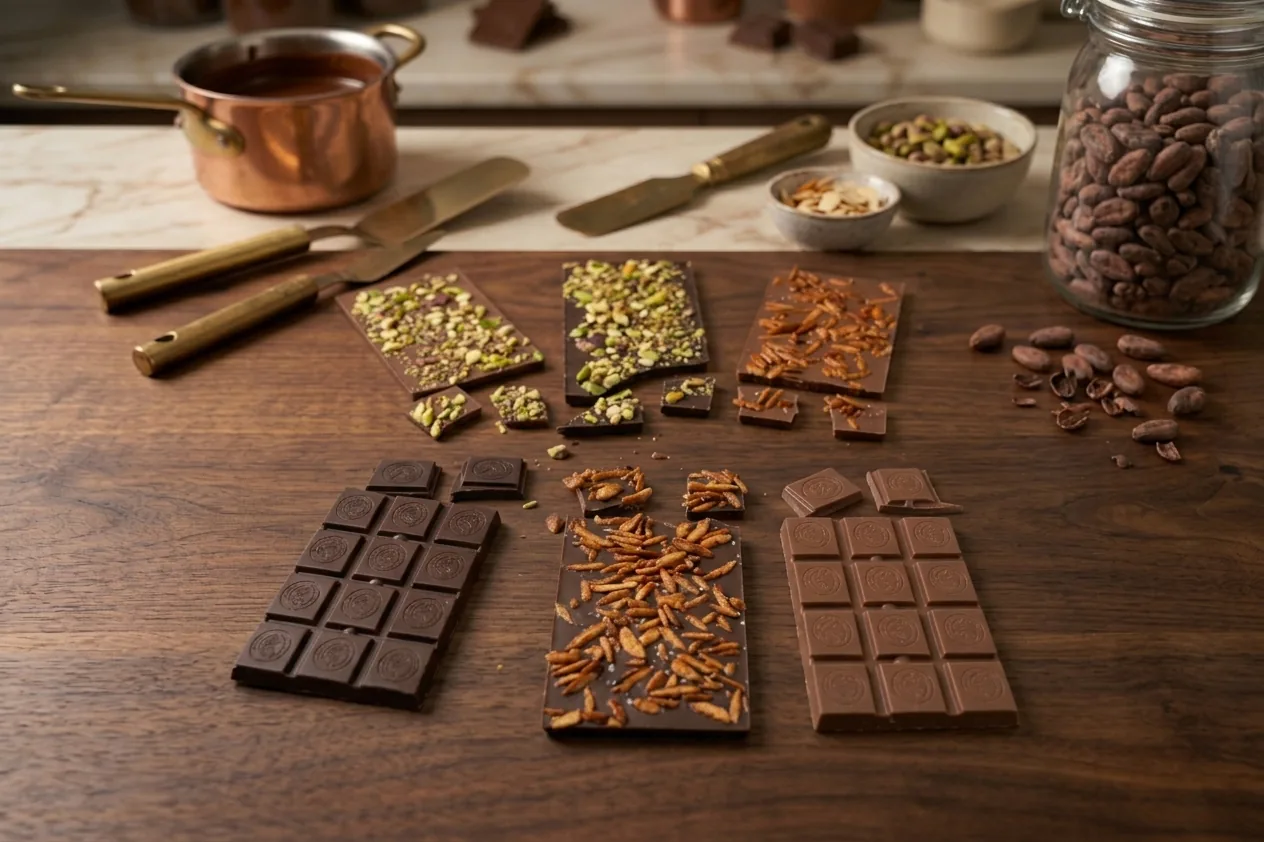 Tablettes de chocolat et fèves de cacao sur une table en bois