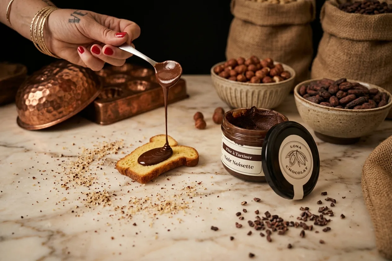 Pâte à tartiner Lona Chocolat versée sur une tranche de pain